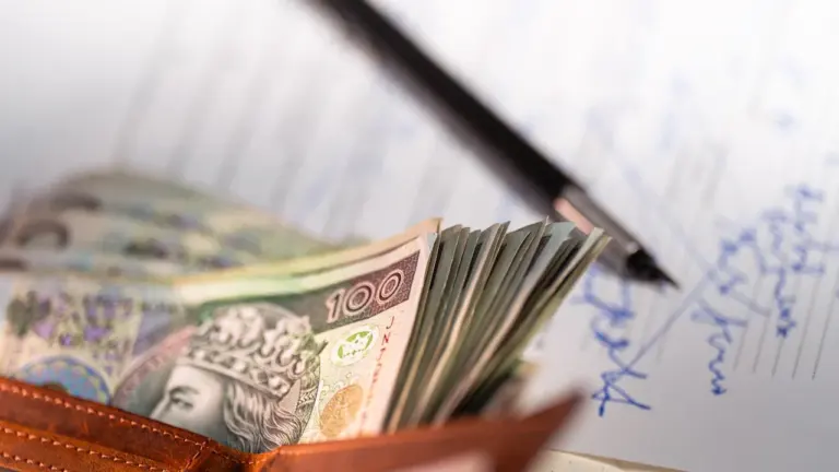 Portfel z polskimi banknotami na tle dokumentów finansowych i długopisu do planowania budżetu.