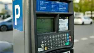 Nowoczesny parkomat uliczny w polskim mieście z wyraźnie widocznym panelem płatniczym.